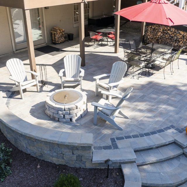 aerial drone photo of hardscaped fire pit