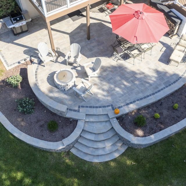 birdseye aerial shot of hardscaped patio