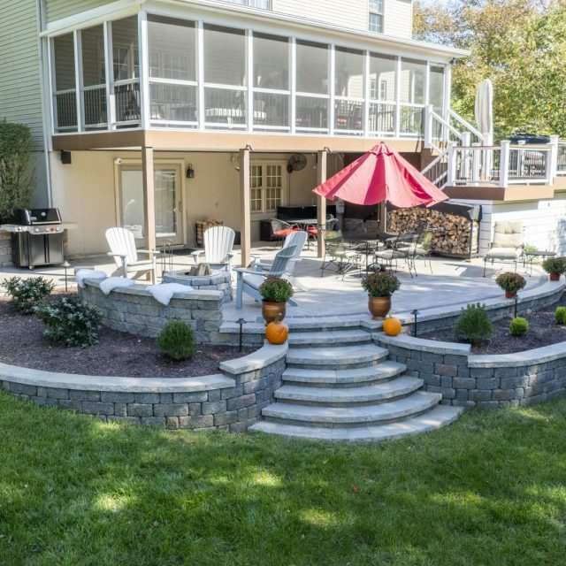 aerial drone shot of hardscaped retaining walls and steps