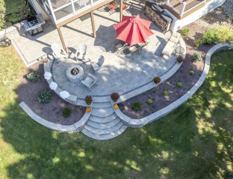 birdseye aerial shot of hardscaped patio