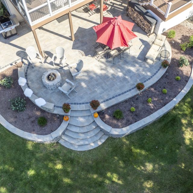 birdseye aerial shot of hardscaped patio