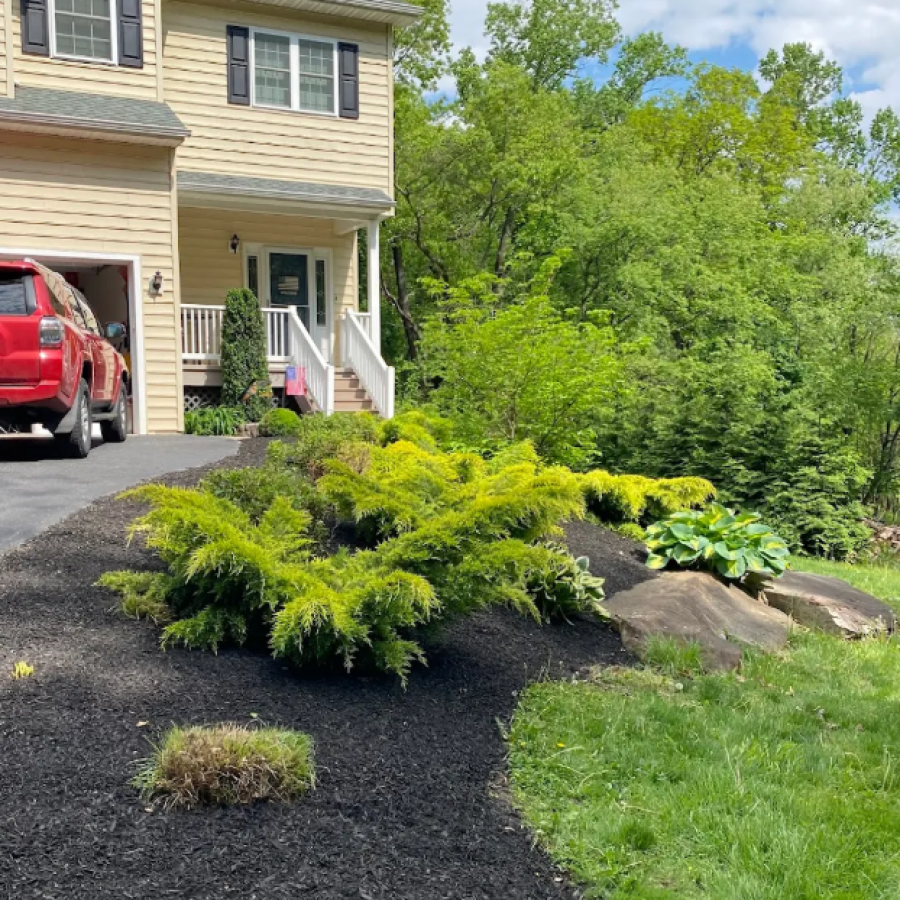 Two-story beige house with black shutters, front porch steps, red truck in driveway, and landscaped mulch bed with shrubs and rocks.